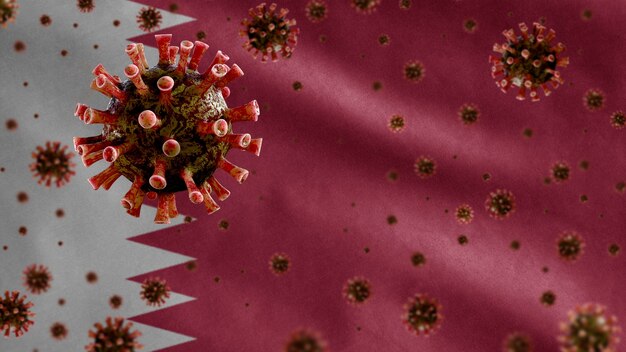 3d, griepcoronavirus dat boven de vlag van qatar zweeft, een ziekteverwekker die de luchtwegen aantast. qatar-sjabloon zwaait met pandemie van het concept van covid19-virusinfectie