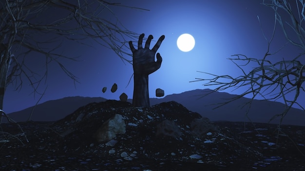 Gratis foto 3d halloween-achtergrond met zombiehand die uit de grond barst