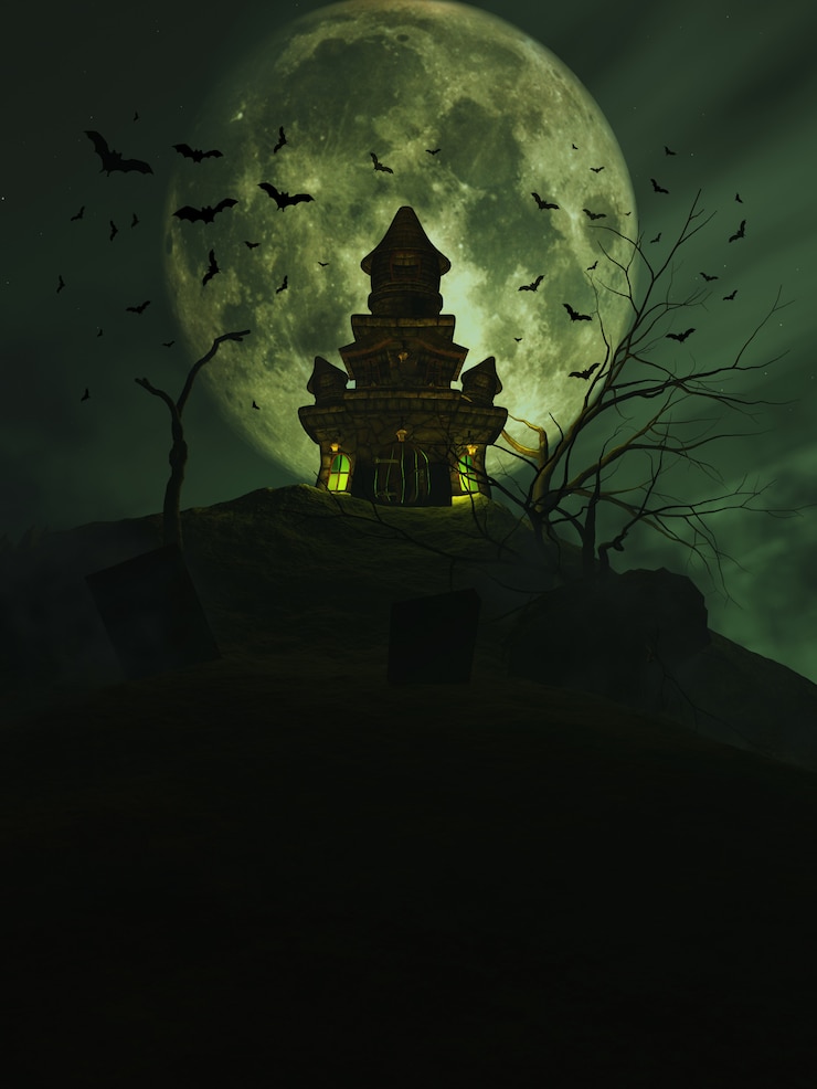 Gratis Foto 3d halloween-kasteel met knuppels in de hemel
