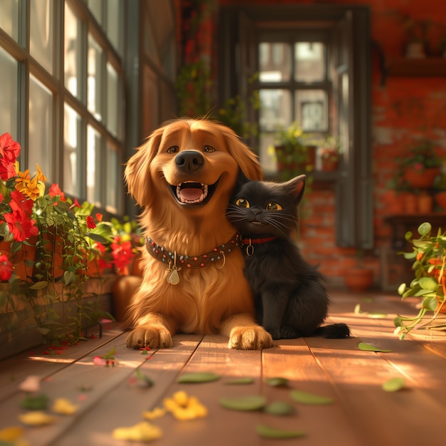 Gratis foto 3d-illustratie die de vriendschap tussen katten en honden toont
