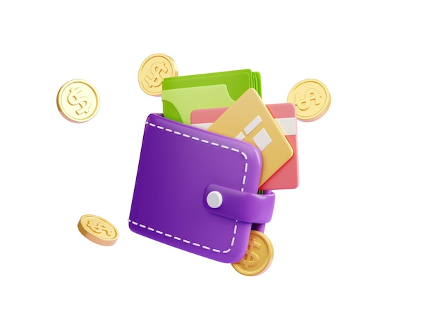 3D illustratie portemonnee met munten en creditcards