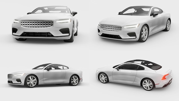 3d illustratie. set concept auto sport premium coupe. plug-in hybride. technologieën voor milieuvriendelijk vervoer. auto op witte achtergrond. 3d-rendering.
