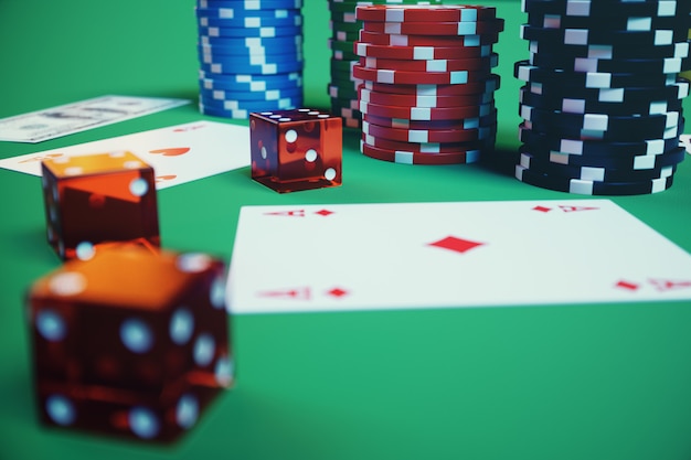 3d illustratie spelen chips, kaarten en geld voor casinospel op groene tafel. echt of online casino concept.