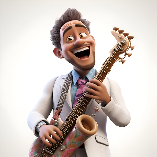 3D-illustratie van een cartoon personage die de elektrische gitaar speelt met een gelukkige uitdrukking