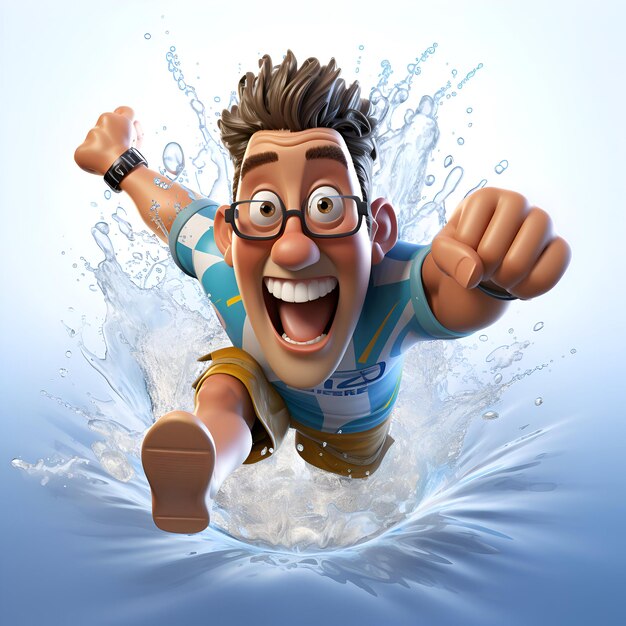 Gratis foto 3d-illustratie van een cartoon superheld die uit een waterspruit springt