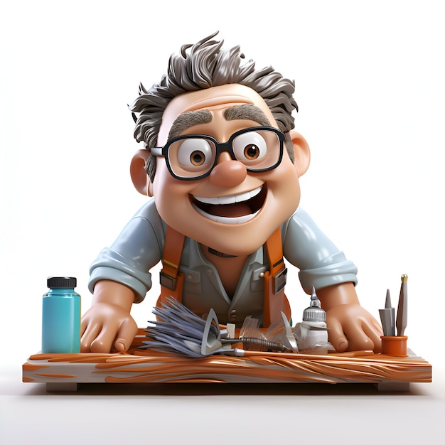 Gratis foto 3d-illustratie van een cartoonpersonage met gereedschappen en materialen