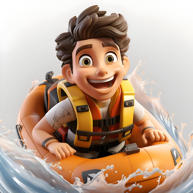 Gratis foto 3d-illustratie van een jongen in een reddingsvest die op een opblaasboot drijft