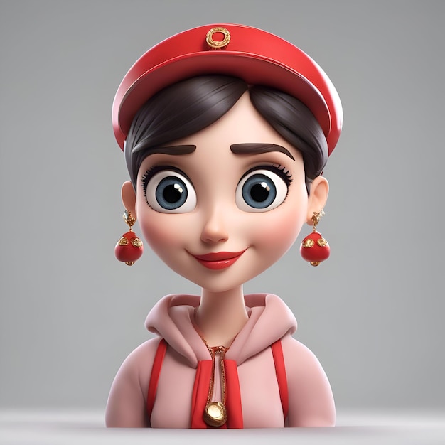 3D-illustratie van een schattig meisje met een baret en een rode jas