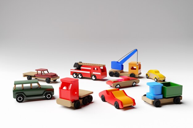 3d illustratie van kinderspeelgoed van een veelkleurige auto jeep converteerbare dumper vrachtwagen en kraan