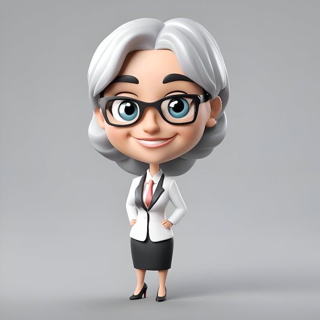 Gratis foto 3d-illustratie van oude zakenvrouw met een bril op een grijze achtergrond