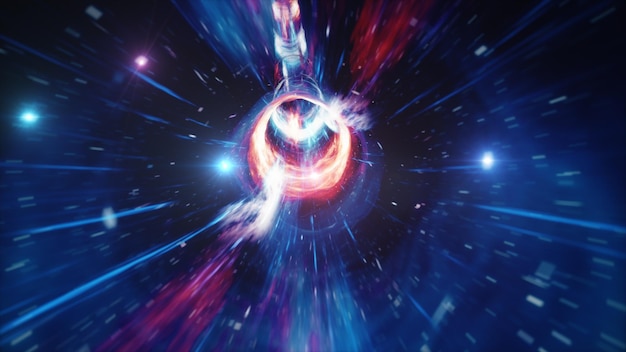 3d-illustratietunnel of wormgat, tunnel die het ene universum met het andere kan verbinden. abstracte snelheidstunnelafwijking in ruimte, wormgat of zwart gat, scène van het overwinnen van de tijdelijke ruimte in kosmos.