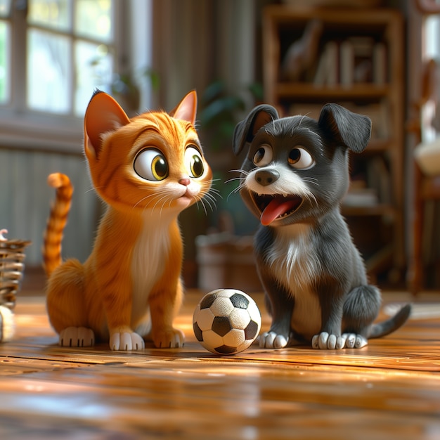 Gratis foto 3d illustration showcasing friendship between cats and dogs