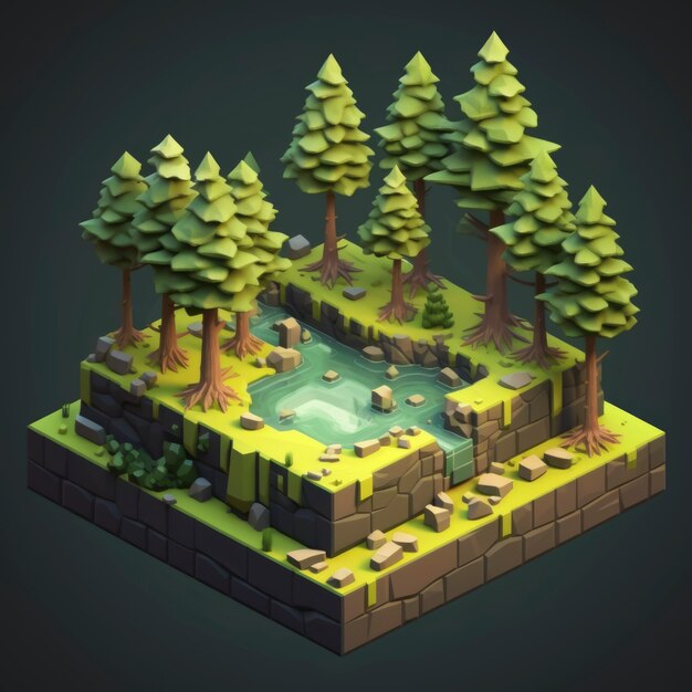 3D isometrisch landschap met bos en water