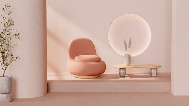 3d-kamerdecoratie met meubels in minimalistische beige tinten