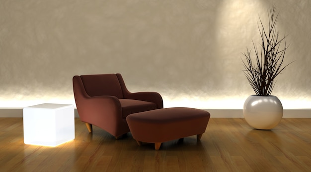 3d maken van de hedendaagse fauteuil en Ottomaanse in moderne setting