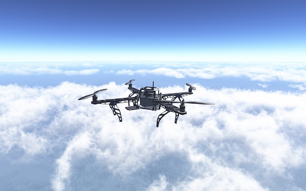 3D maken van een drone vliegen boven de wolken