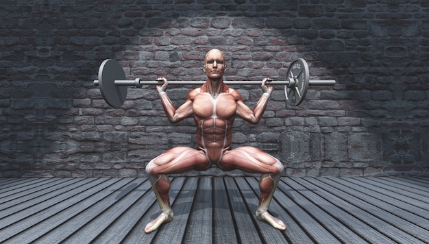 Gratis foto 3d mannelijke figuur in barbell squat pose in grunge interieur