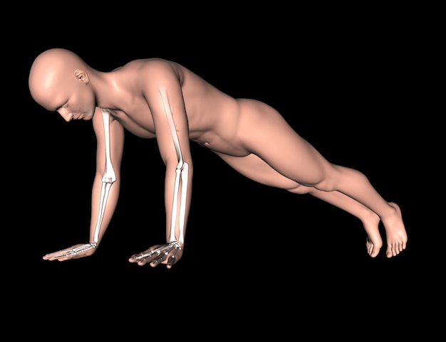 3D mannelijke figuur in druk op pose met arm botten gemarkeerd