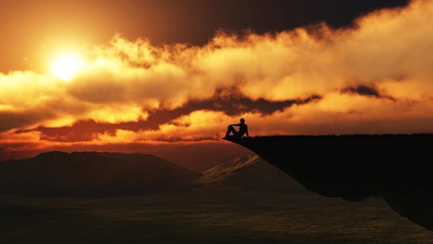 3D mannelijke figuur zittend op de rand van een klif