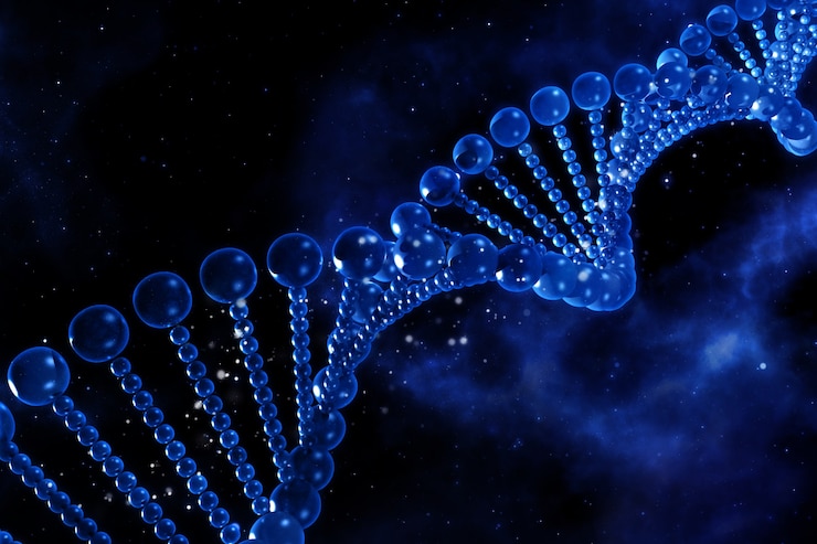 Gratis Foto 3d medische achtergrond met dna-strengen tegen een ruimte hemel