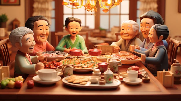 Gratis foto 3d-mensen genieten van een reünie-diner tijdens de chinese nieuwjaarsviering