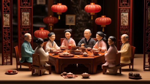 3d-mensen genieten van een reünie-diner tijdens de Chinese nieuwjaarsviering