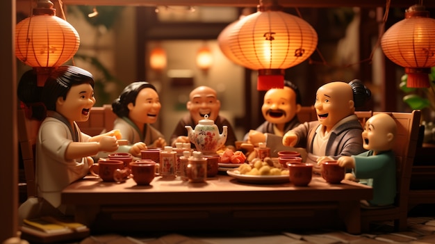 Gratis foto 3d-mensen genieten van een reünie-diner tijdens de chinese nieuwjaarsviering