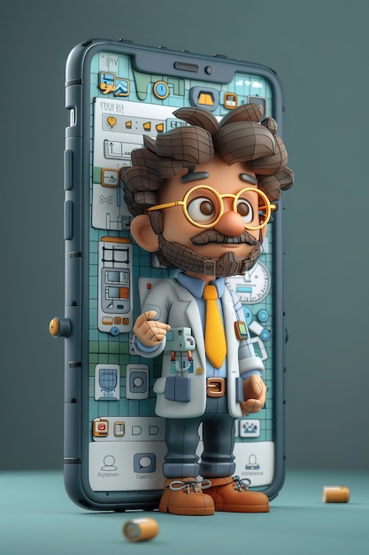 3D-personage dat uit een smartphone verschijnt