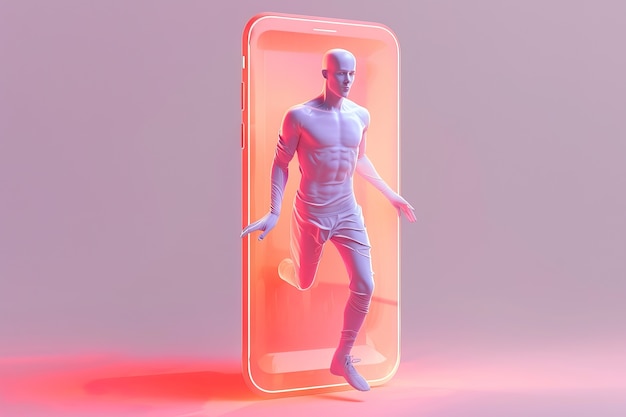 Gratis foto 3d-personage dat uit een smartphone verschijnt