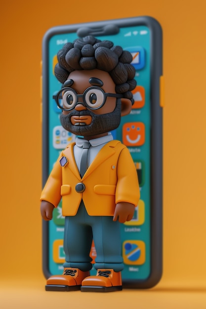 3D-personage dat uit een smartphone verschijnt