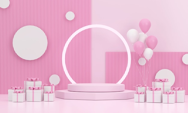 3d. podium en ballonnen met een ring erachter met een schattige roze achtergrond op het kerstfestival