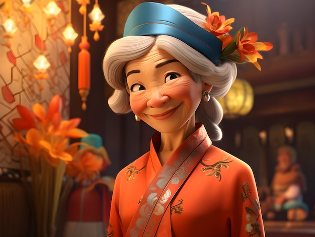 3D-portret van een oudere vrouw voor het Vietnamese nieuwjaar