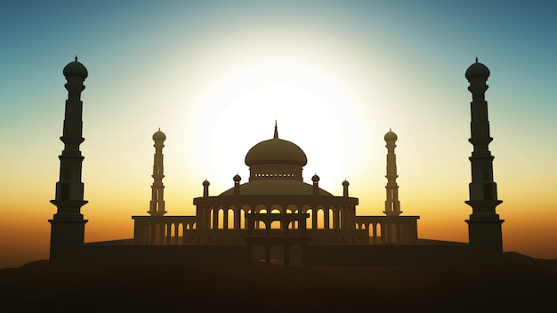 3D Ramadan-achtergrond met moskee tegen een zonsonderganghemel