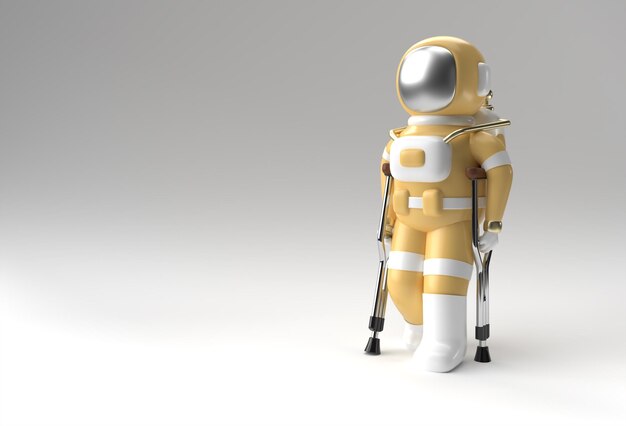 3D Render Astronaut uitgeschakeld met krukken om te lopen 3D-illustratieontwerp
