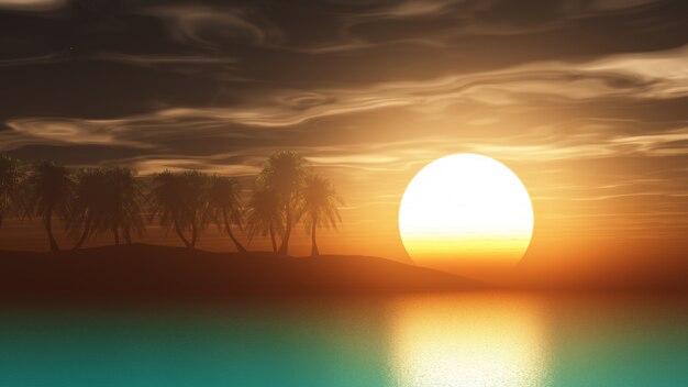 3D render palmbomen bij zonsondergang
