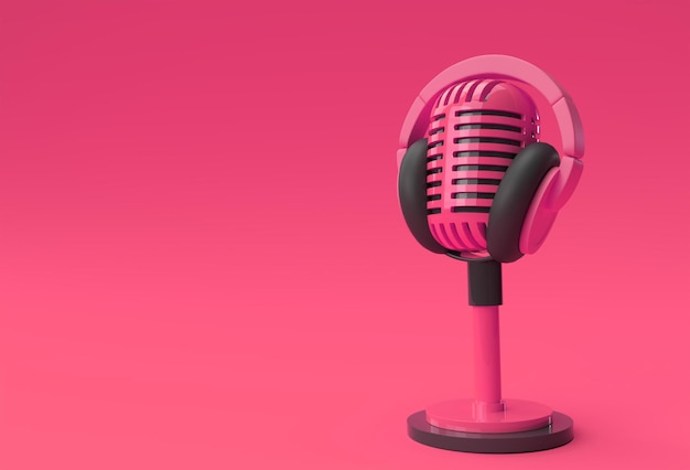 3D Render Retro-microfoon op korte poot en standaard met 3D-illustratieontwerp voor hoofdtelefoon