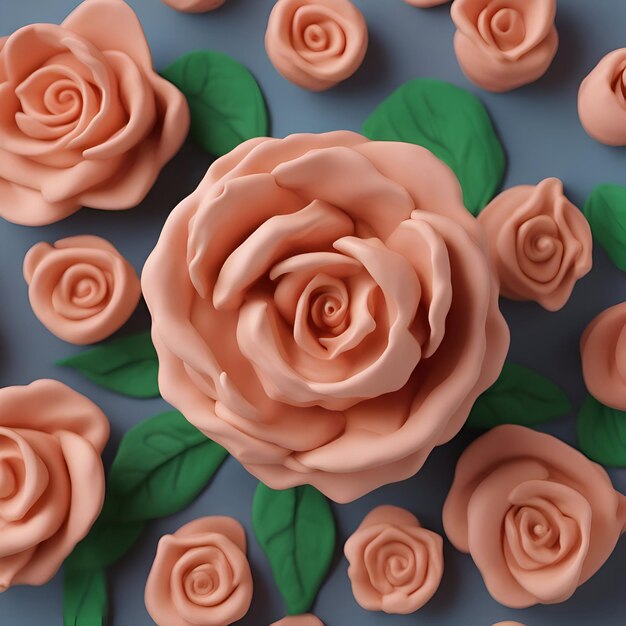 Gratis foto 3d render roze roze bloemen met groene bladeren op blauwe achtergrond