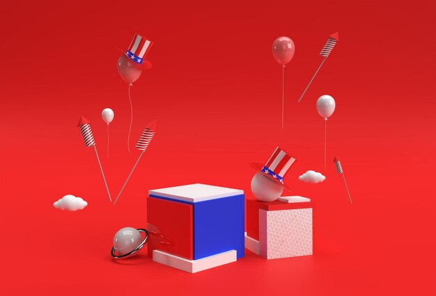 3D Render Scène van Minimale Podium Scene voor Display Producten Reclame Design 4 juli USA Independence Day Concept