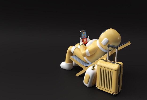 3D Render Spaceman Astronaut zittend op een stoel met behulp van telefoon met reiskoffer 3d illustratie Design