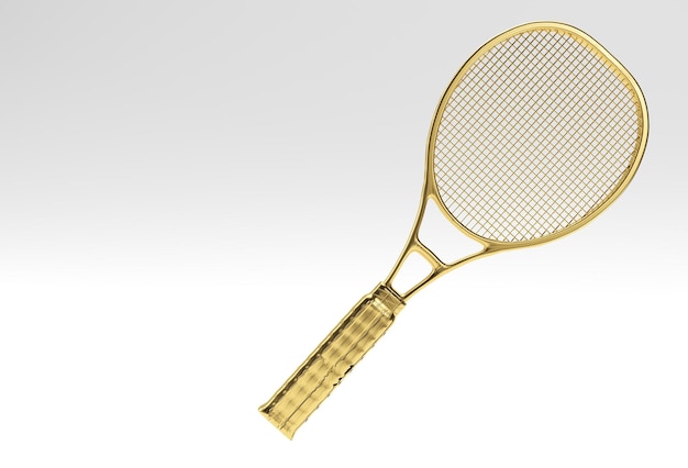 3D render sportuitrusting tennisracket met een bal op witte achtergrond