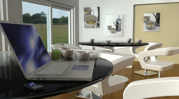 3D render van de laptop in cafe bar