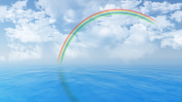 3D render van een blauwe oceaan en pluizige witte wolken in de lucht en een regenboog