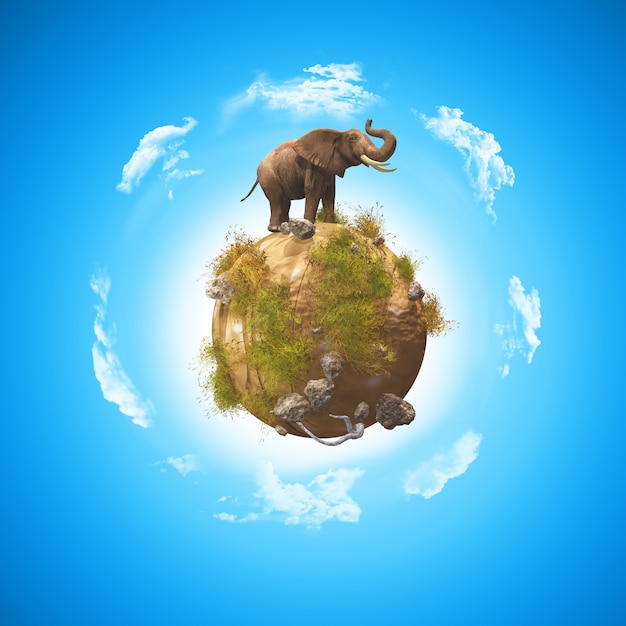 3D render van een conceptueel beeld met een olifant op een wereldbol met rotsen en gras