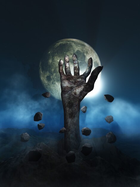 3D render van een Halloween-concept met zombiehand die uit de grond barst