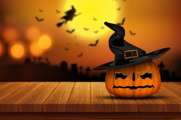 3D render van een Halloween pompoen op een houten tafel een defocussed beeld spookachtig kerkhof op de achtergrond met