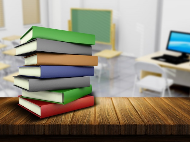 3D render van een houten tafel en boeken met een defocussed klaslokaal op de achtergrond