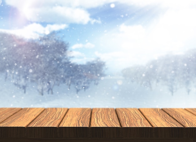 3D render van een houten tafel met defocussed sneeuwlandschap