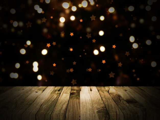 3D render van een houten tafel met een defocussed Kerstmis bokeh verlichting op de achtergrond