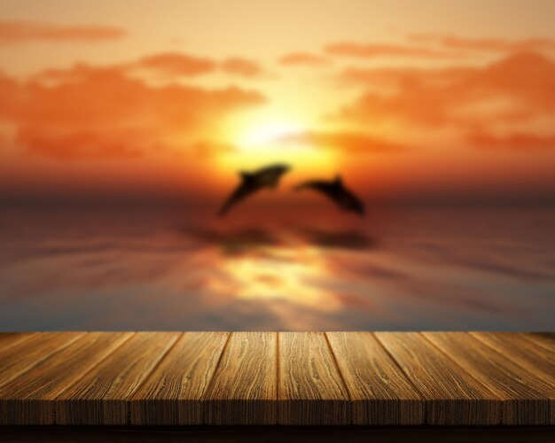 3D render van een houten tafel op zoek naar zee met dolfijnen springen