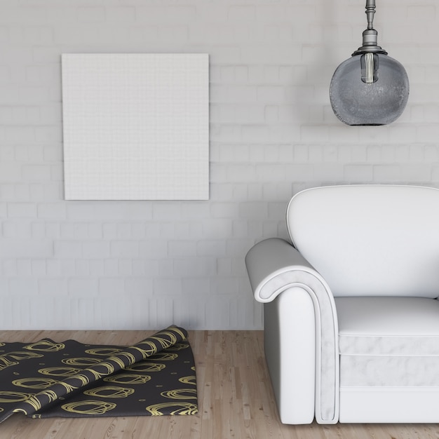 Gratis foto 3d render van een kamer interieur met lege doek op de muur